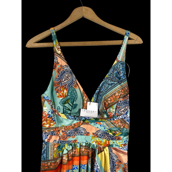 Shelli Segal Dress Gown Satiny Slip Paisley Slit Long Boho Forest Fairy Formal 2 - Picture 3 of 16